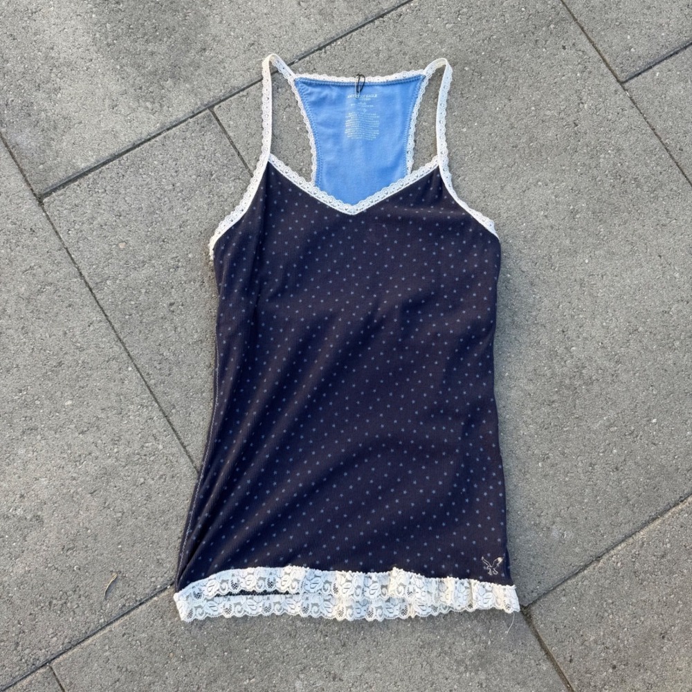 American Eagle Star Print Lace Trim Cami Tank Top Navy Blue XL